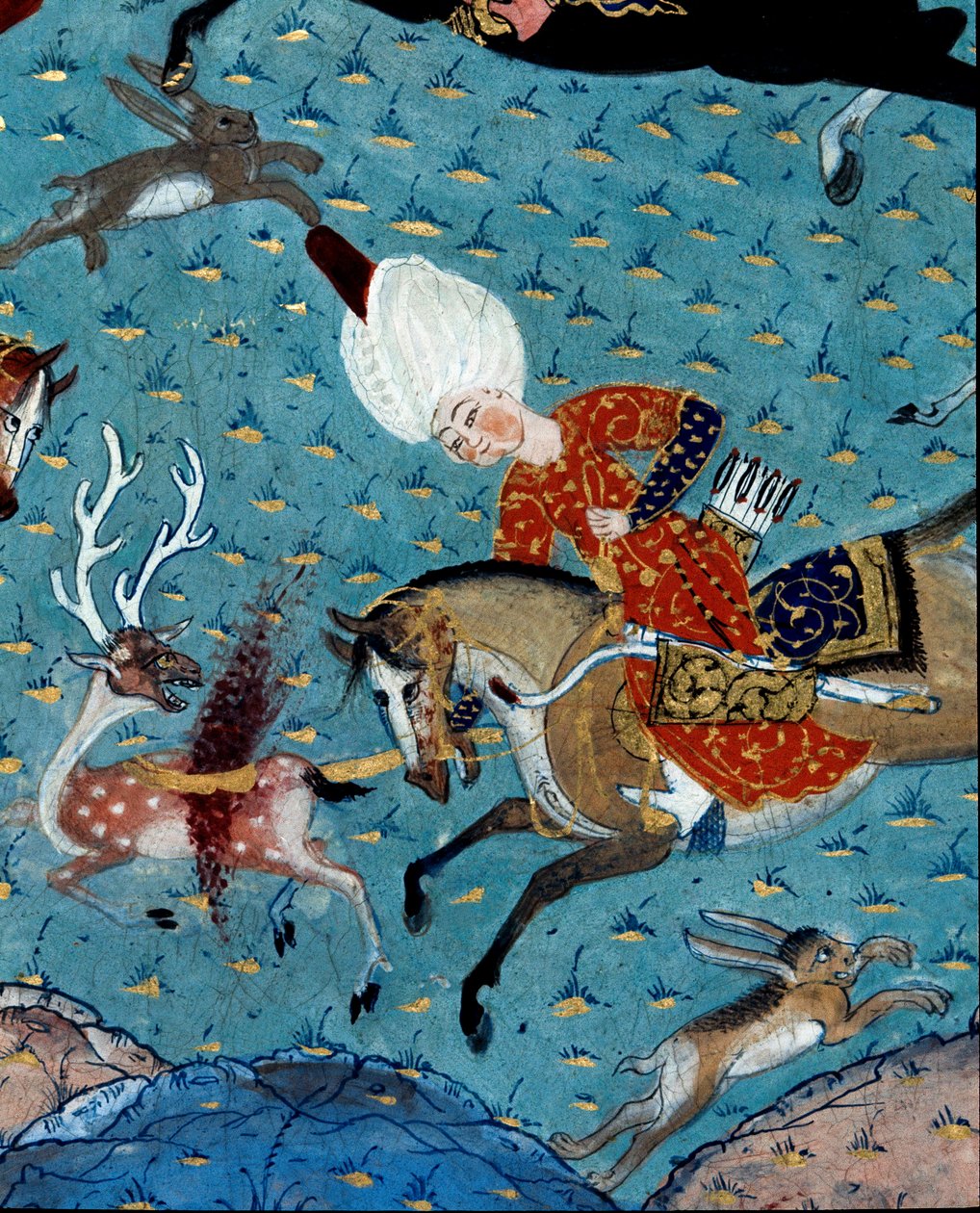 Representation of the courtiers of Sultan Murad II (Murat) (1404-1451) hunting deer and hare. (detail) 17th century miniature. Istanbul, Topkapi Sarayi Museum Library by Ottoman School