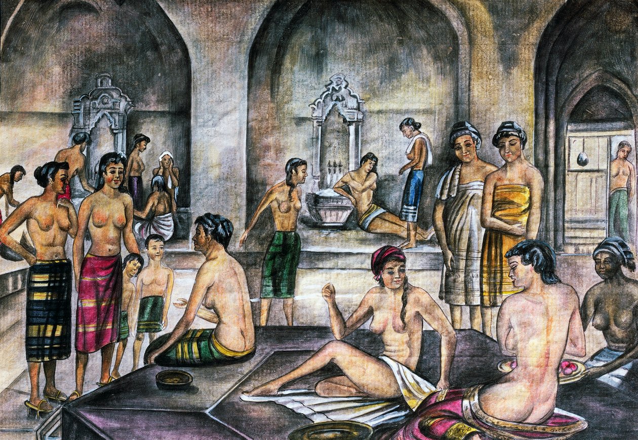 Turkish bath, watercolor, Ottoman civilization by Ottoman School