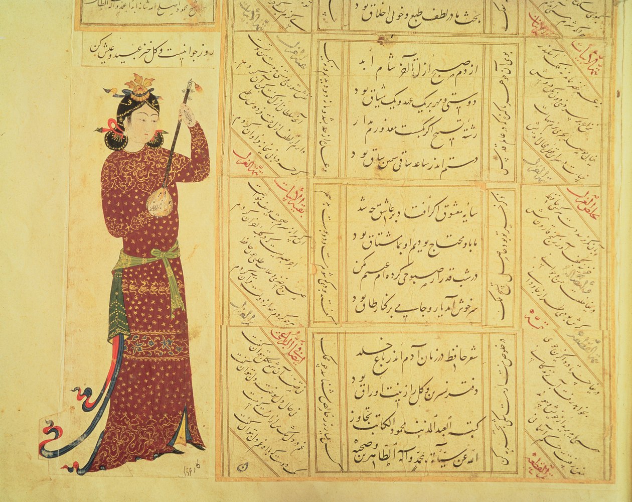 Woman playing the rebab and calligraphy by Ottoman School