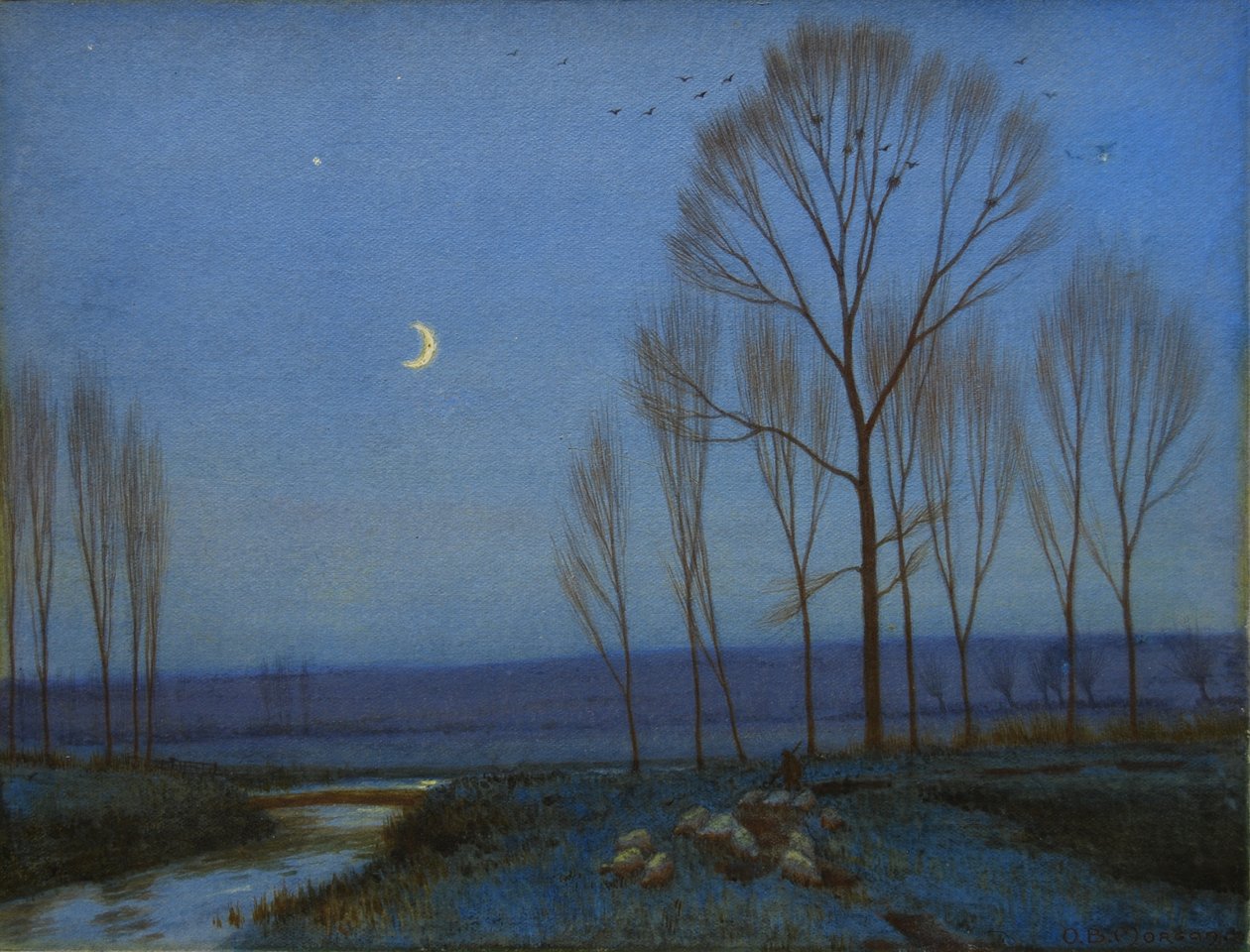 Shepherd and Sheep at Moonlight by Owen Baxter Morgan