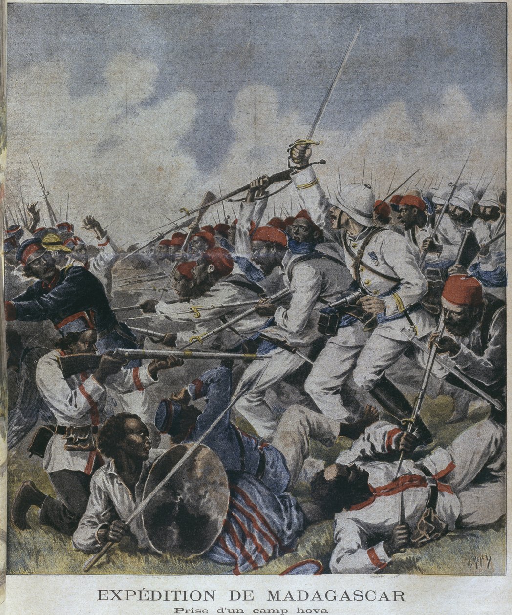 Madagascar expedition, taking of an hova camp, illustration from 
