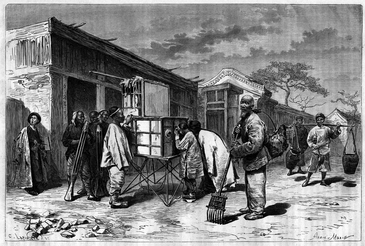 Activity in the streets of Pekin (Beijing), with a 19th century diorama. Engraving from a drawing by Sellier, from a photograph by Thomson, in Le Tour du Monde, Nouveau journal des Voyages, edited by Edouard Charton, Paris by P. (after) Sellier
