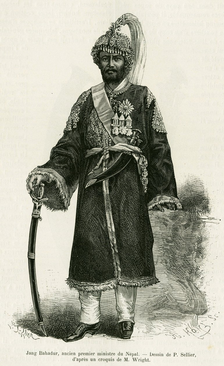 Jang Bahadur, Prime Minister of Nepal. Engraving by P.Sellier to illustrate the story Voyage au Nepal, by Dr. Gustave Le Bon, in le tour du monde 1886, directed by Edouard Charton, Hachette, Paris by P. (after) Sellier