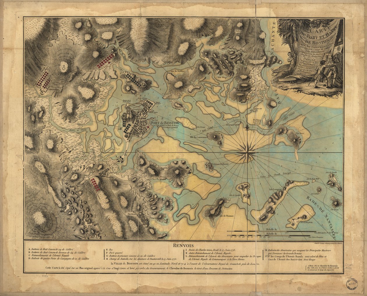 Hand Colored Map Showing Location of British and American Forces by P. Beaurain; Croisey