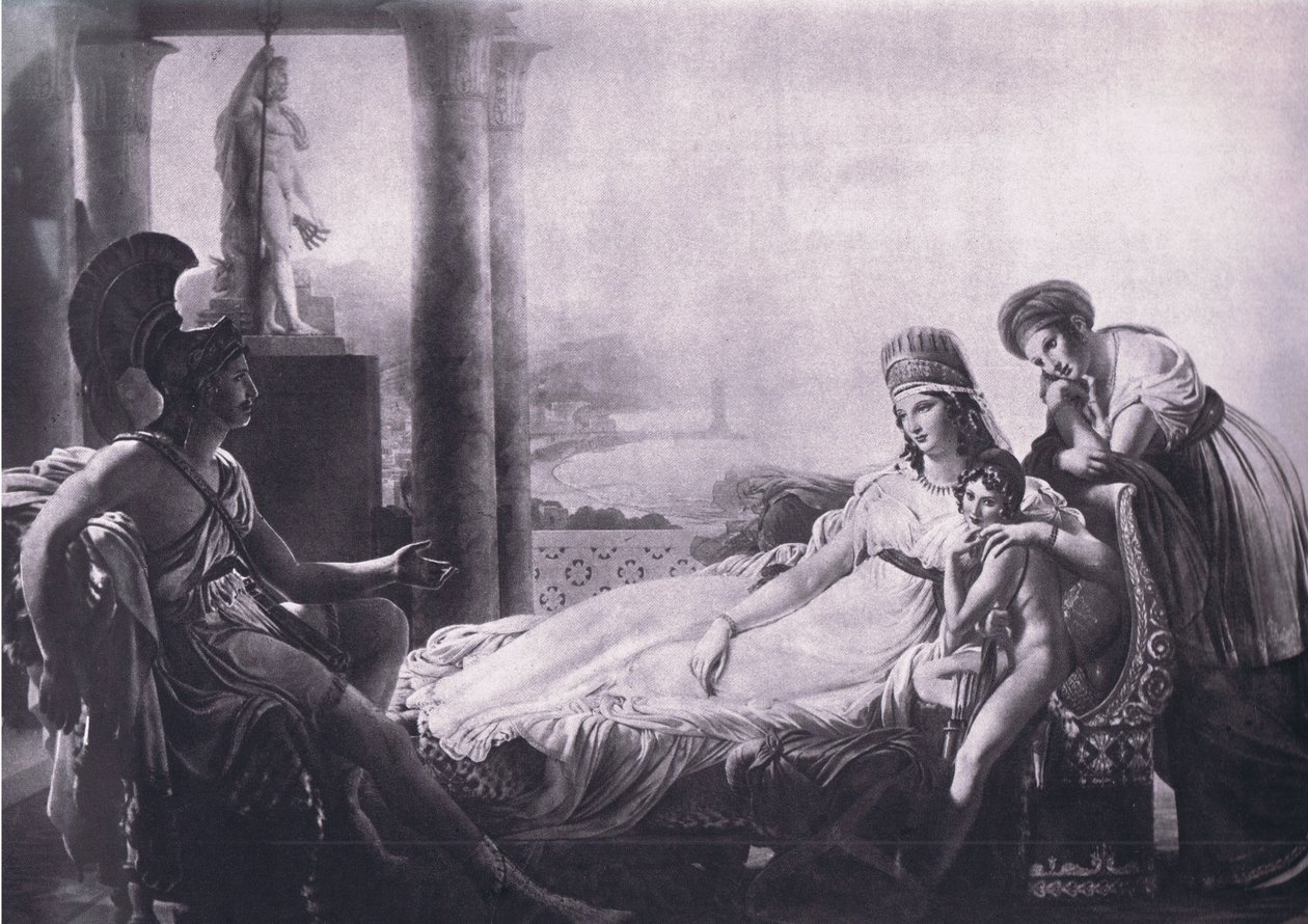 Aeneas relating to Dido the misfortunes of Troy, from MacMillan school posters by P. N. Guerin