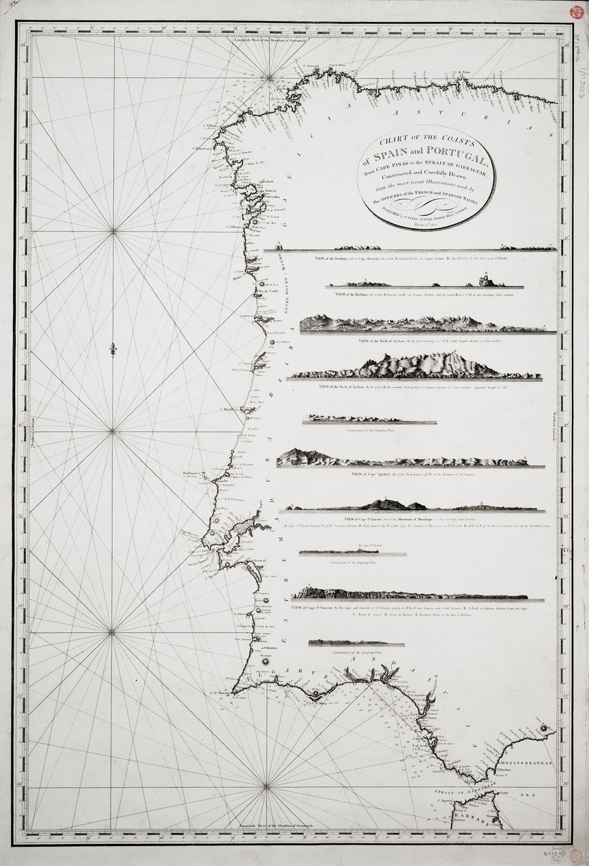 Chart of the Coasts of Spain and Portugal, from Cape Pinas to the Strait of Gibraltar, constructed and carefully drawn from the most recent observations made by the officers of the French and Spanish navies by P. Steel