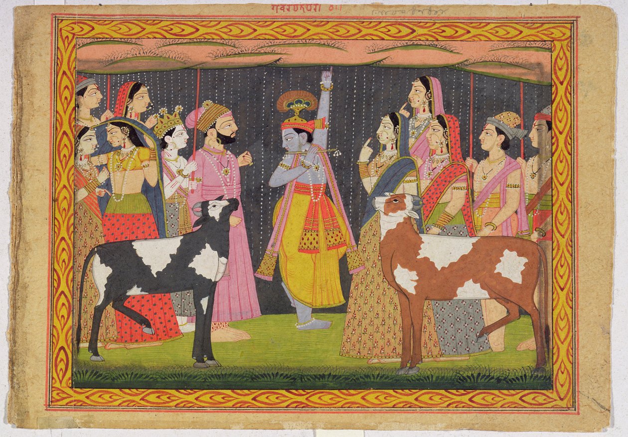 Krishna Lifting Mount Govardhana, from the Bhagavata Purana, Kulu, Himachal Pradesh by Pahari School