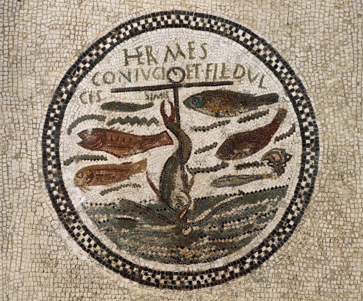 Mosaic with anchor surrounded by fish, symbol of Christ and his followers, Catacombs of Sousse, Tunisia, Early Christian period, 4th century by Paleo Christian