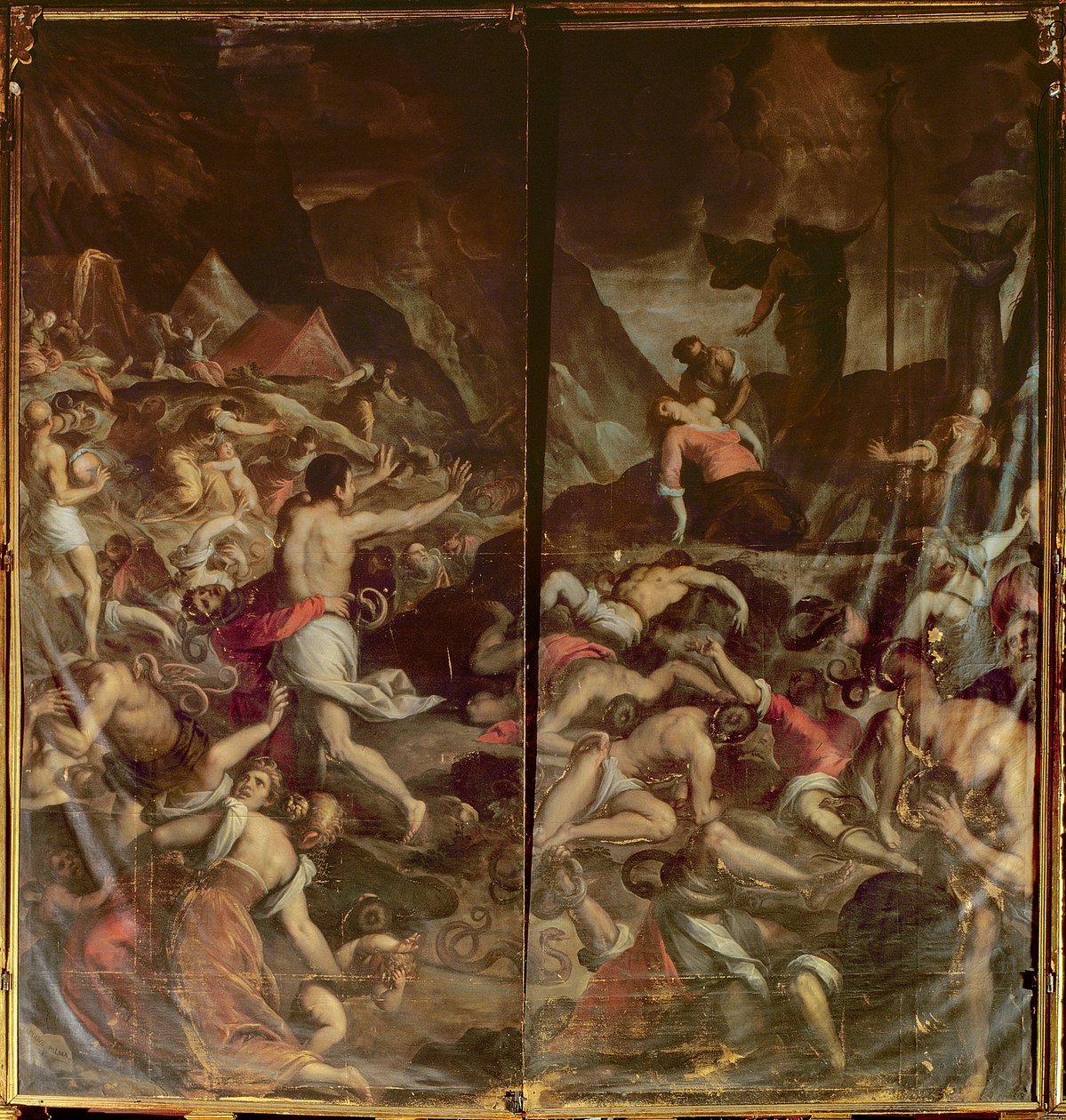 Two Organ Panel Doors Depicting the Fiery Serpents Infesting the Camp of Moses after the Death of Aaron, 1600 by Palma Il Giovane