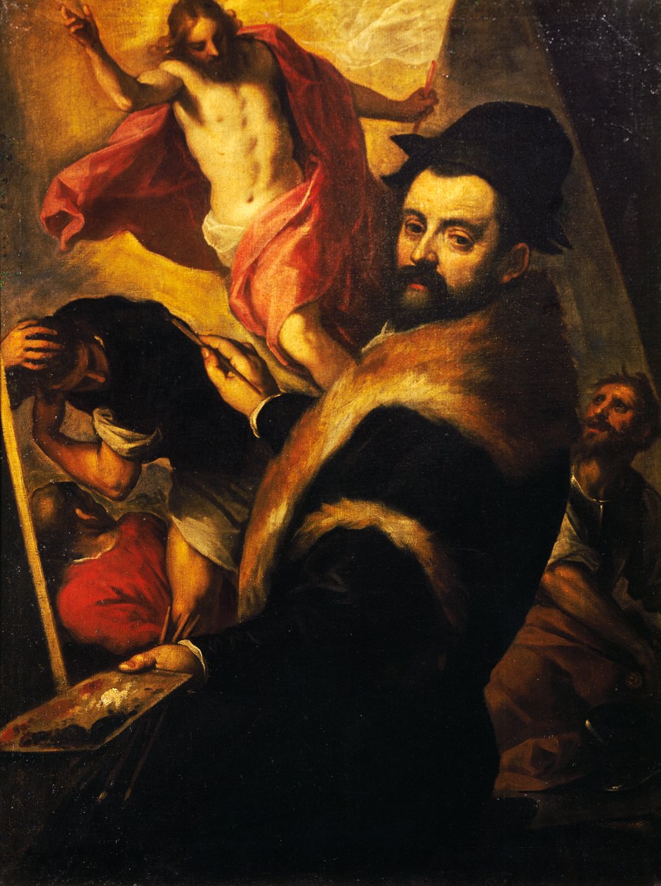 Self-portrait while painting Resurrection by Palma Il Giovane