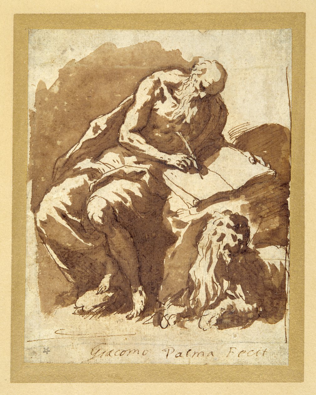 St. Jerome seated on a rock, writing by Palma Il Giovane
