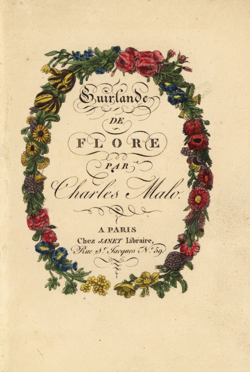 Calligraphic title page within a floral wreath of roses, tulips, and other flowers by Pancrace (after) Bessa
