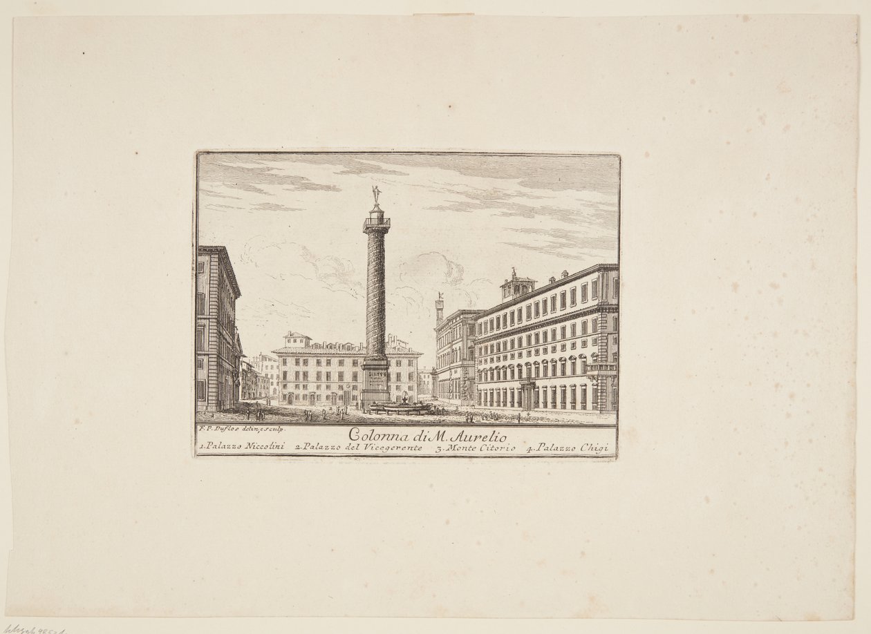 Column of Marcus Aurelius. 1. Palazzo Niccolini. 2. Palazzo del Vicegerente. 3. Monte Citorio. 4. Palazzo Chigi by Paolo Anesi