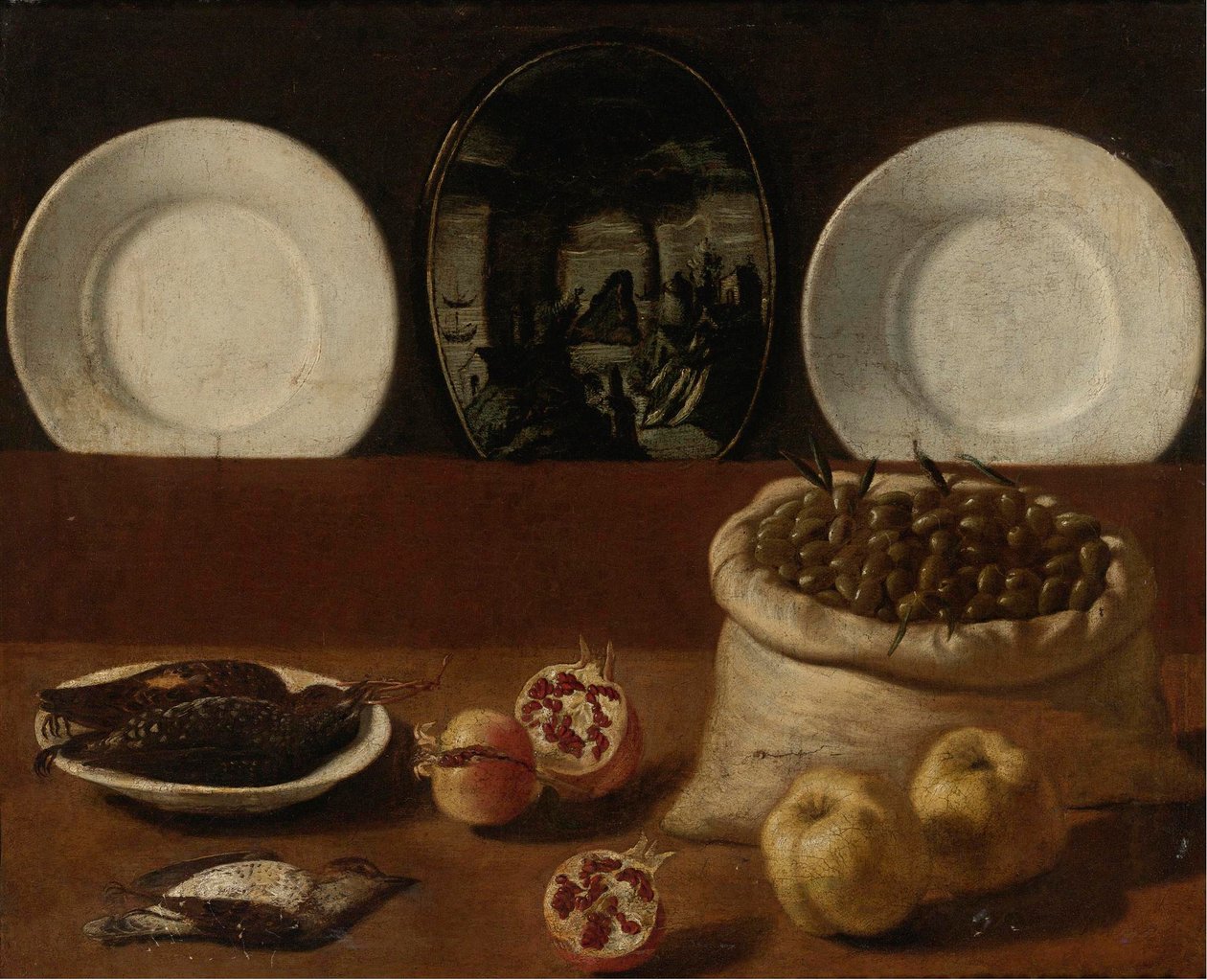 Still Life with Plates, a Sack Filled with Olives, Game, Pomegranates, and Quince by Paolo Antonio Barbieri