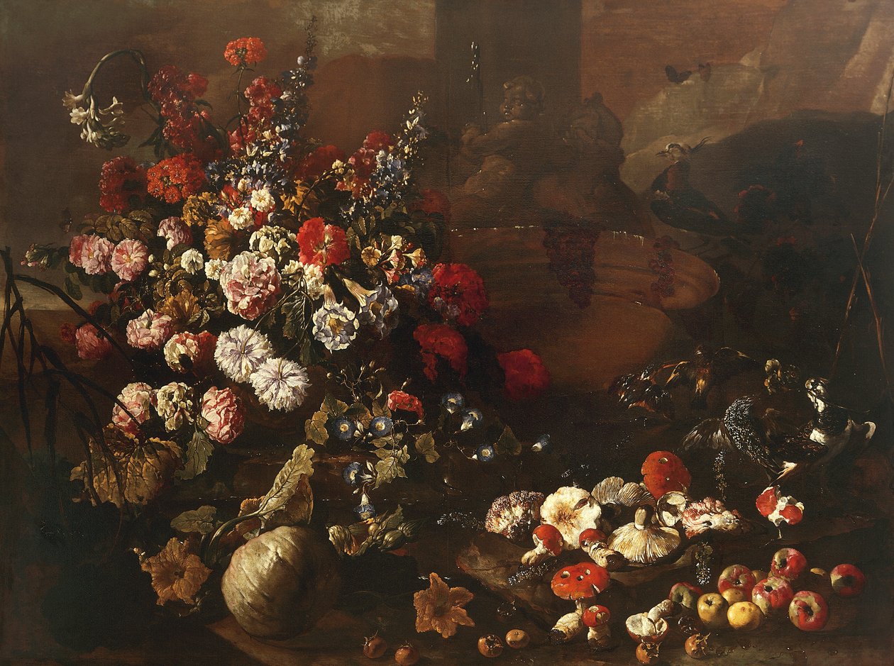 Still Life with Flowers, Fruit, Mushrooms and Birds by Paolo Porpora