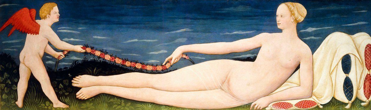 Venus on Pillows Holding a Garland of Flowers with a Putto by Paolo di Stefano Badaloni Schiavo