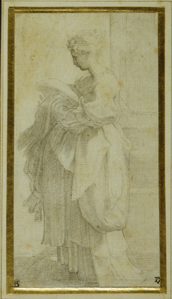 Standing figure of a girl with bulky draperies by Parmigianino 