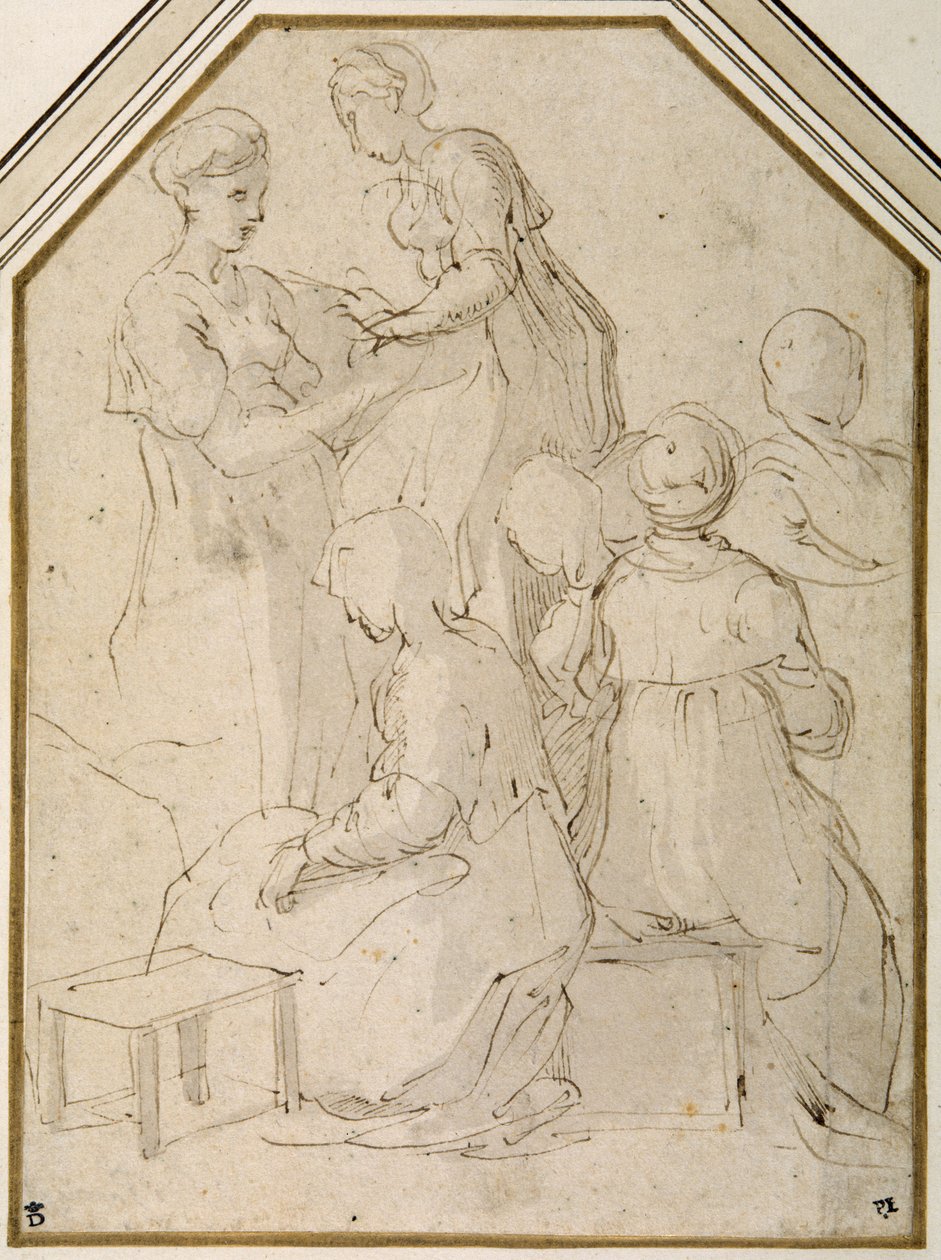 Domestic group, two standing women and four sitting by Parmigianino