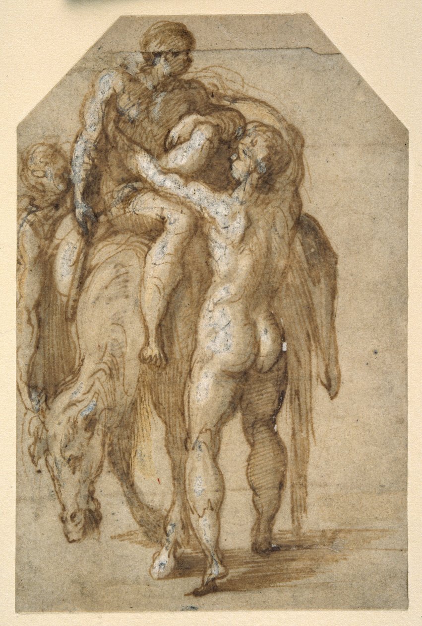 Two nude men lifting a sick man from a tired horse by Parmigianino