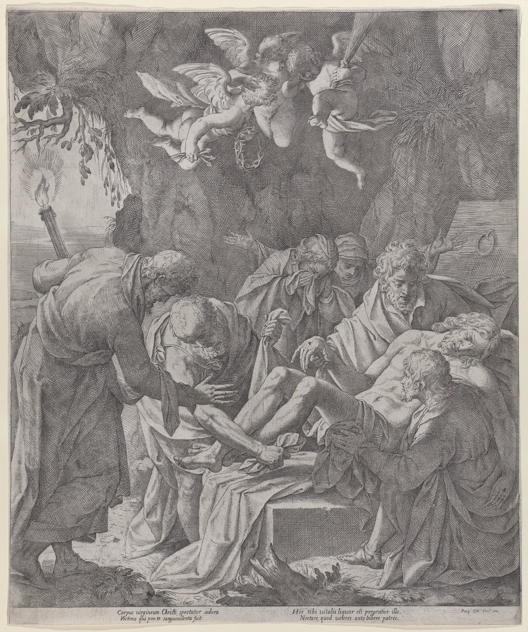 Christ being laid into the sepulcher as the Virgin stands weeping behind by Pasquale Ottino