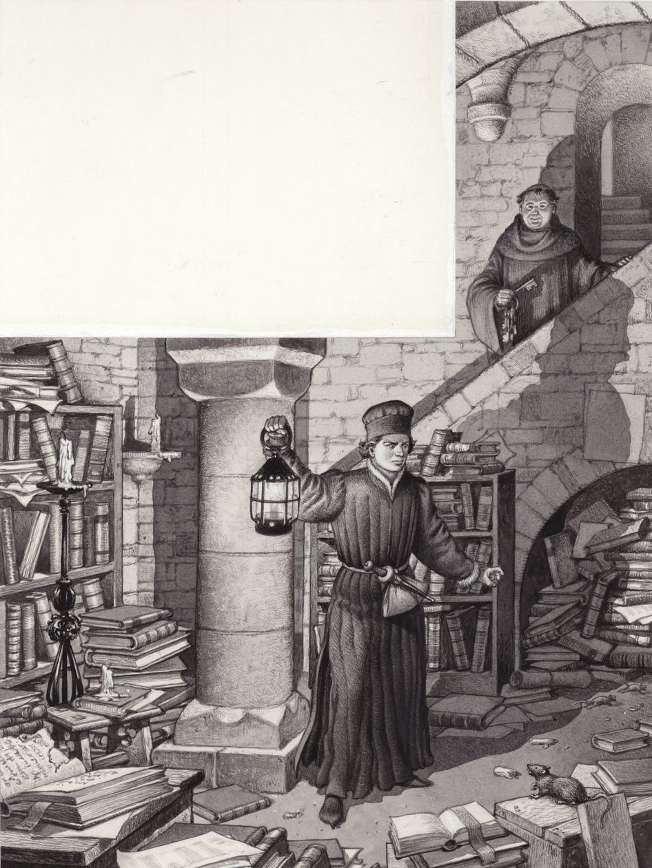 Poggio Bracciolini in the Neglected Library of the Monastery of St Gall by Pat (1907 95) Nicolle