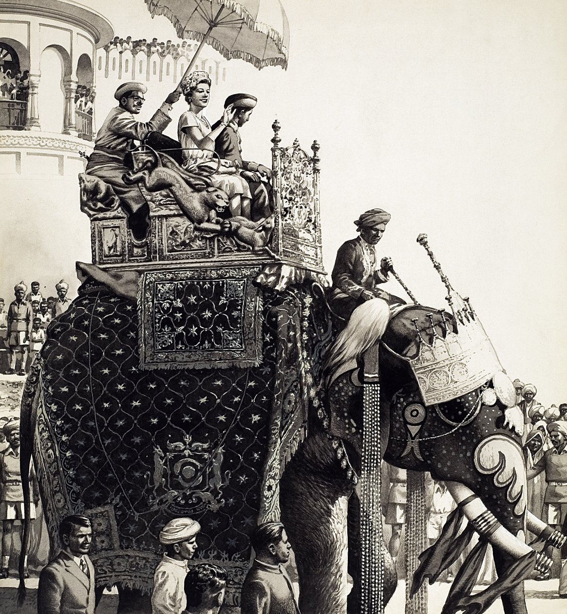 Queen Elizabeth II on an Elephant by Pat (1907 95) Nicolle