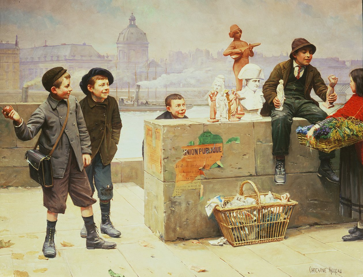 Young Pedlars on the Pont Des Arts, Paris by Paul Charles Chocarne Moreau