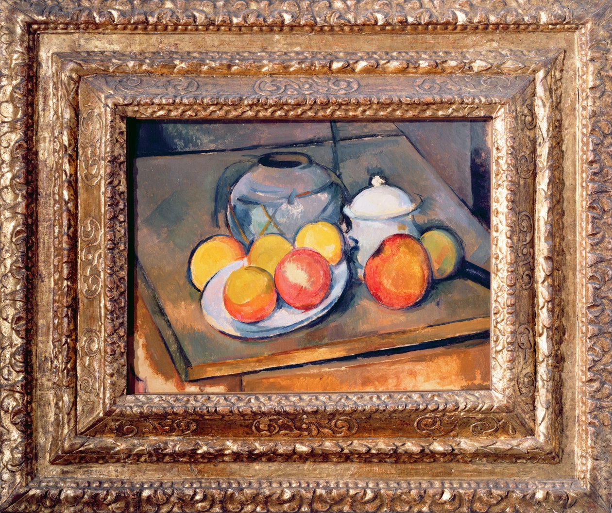 Straw-covered vase, sugar bowl and apples by Paul Cézanne