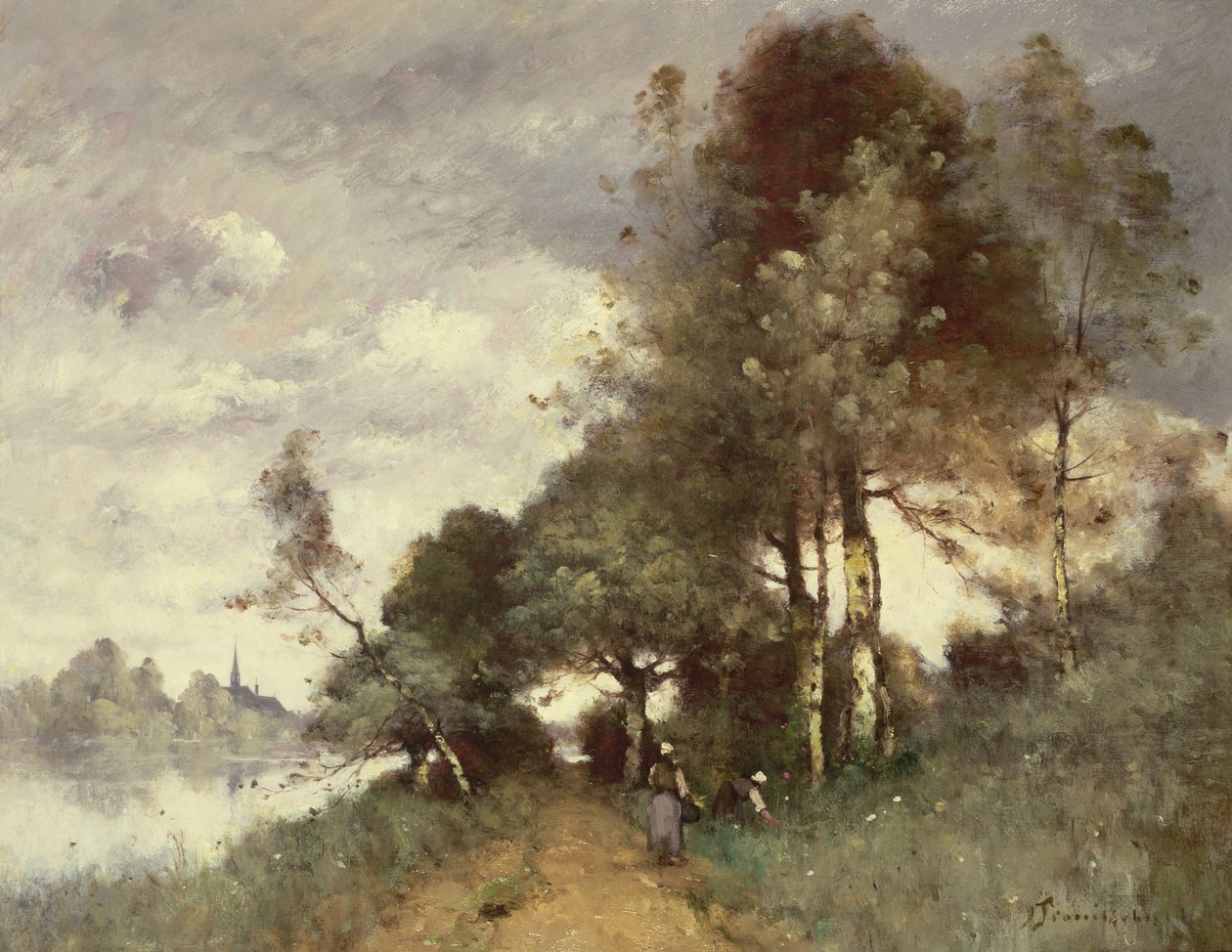 Peasants Gathering Flowers Beside a River by Paul Desire Trouillebert