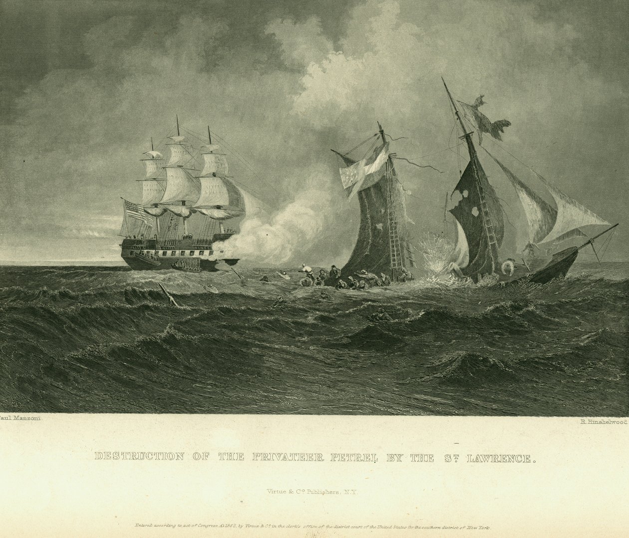 Print of Sinking Ship with Several Sailors in the Water in Foreground by Paul Manzoni and R. Hinshelwood