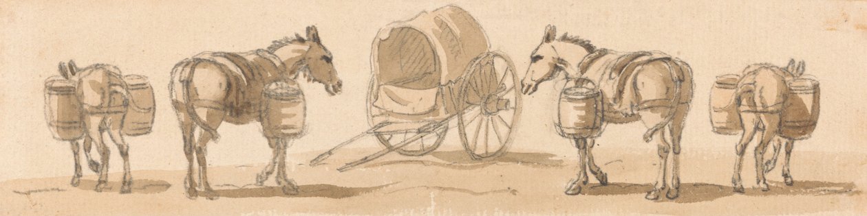 Four Mules with Panniers and a Cart by Paul Sandby