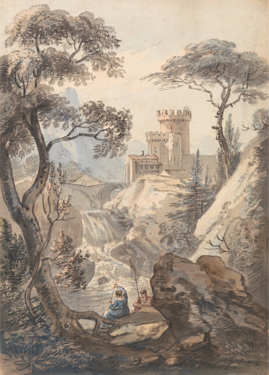 Italianate Landscape with Castle, Cascade and Anglers by Paul Sandby