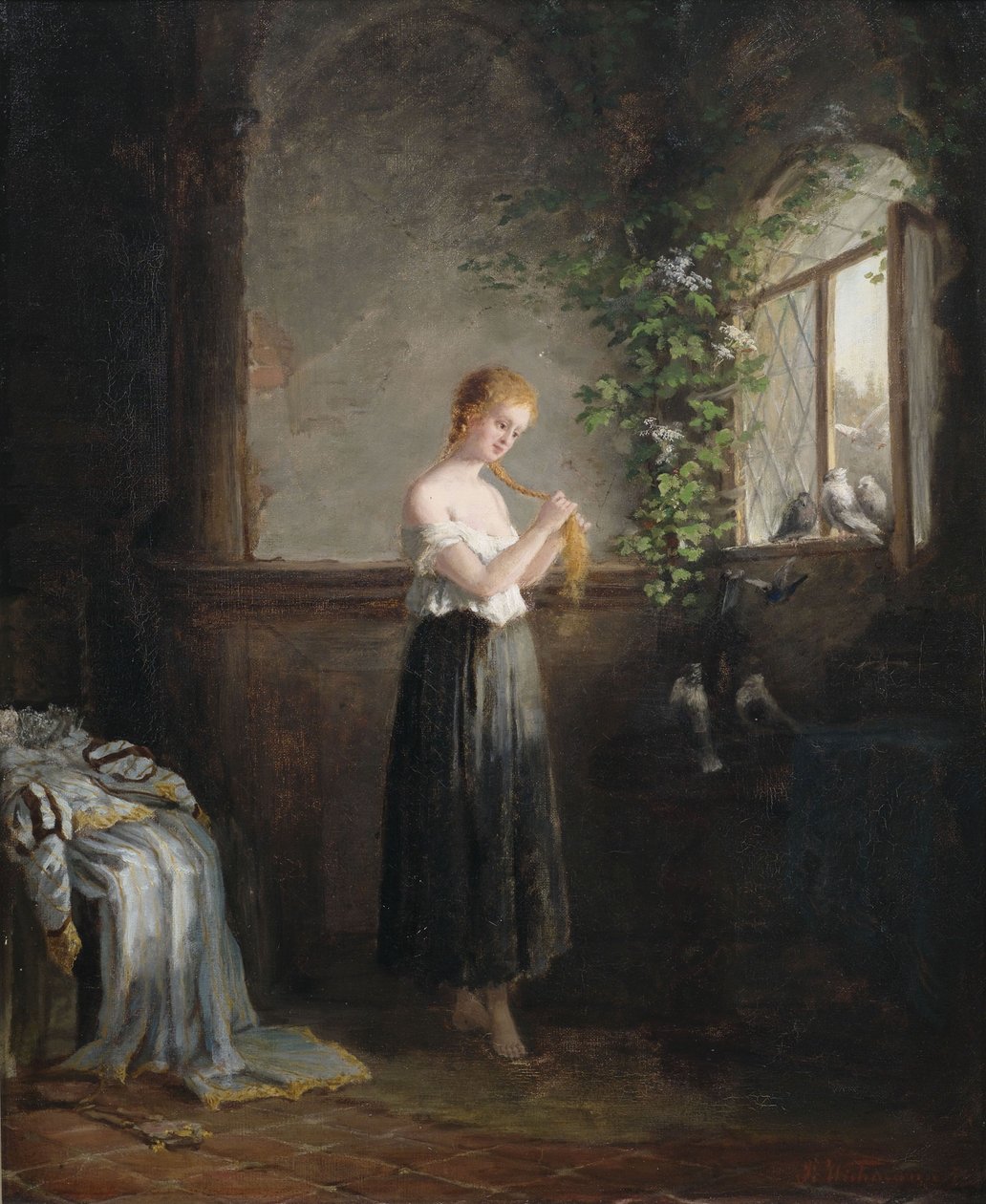 A Young Girl Braiding Her Hair by Paul Wichmann