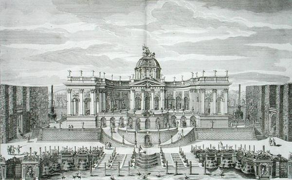 The Great Grotto and the Fountain Garden at the Princely Pleasure Palace and Gardens, Berlin, engraved by Johann August Corvinus, published c.1711-16 by Paul Decker