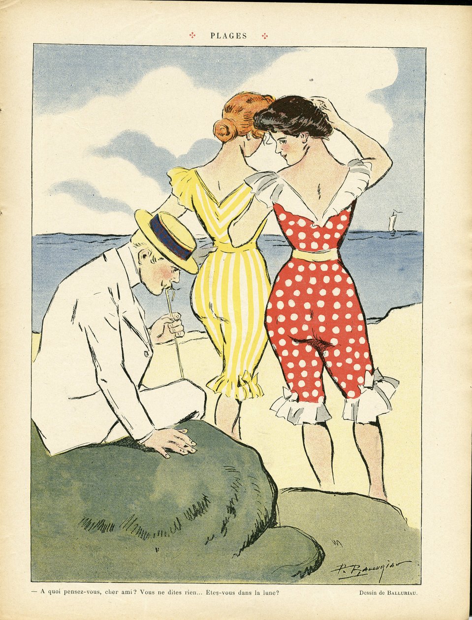 Illustration of Paul Balluriau (1860-1917) in Le Rire, 01/08/08 - Beaches - Leisure, Love, Fashion, Maritime Marine Seaside, Swimwear by Paul Balluriau