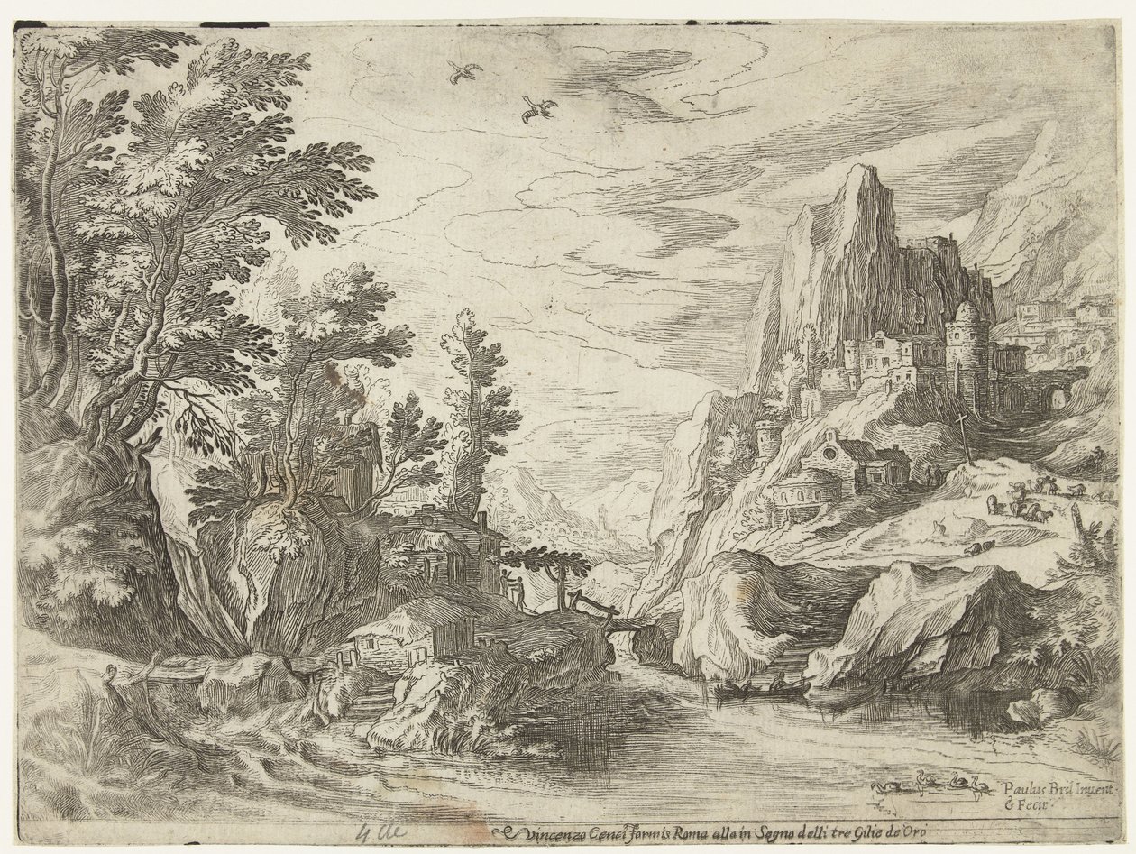 River Landscape in Campania with City on Rocks by Paul Bril