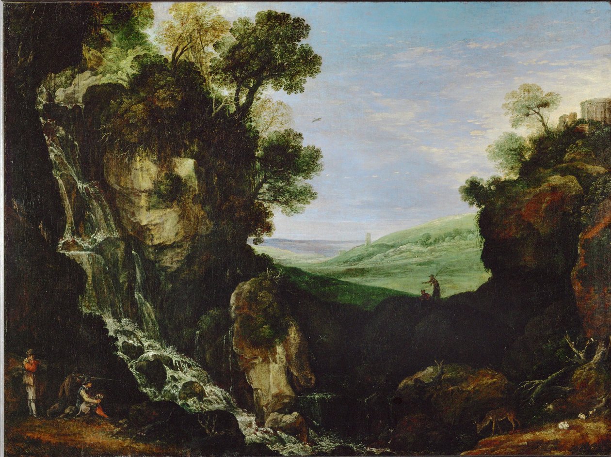 Landscape with Waterfall and Vesta Temple in Tivoli by Paul Brill or Bril