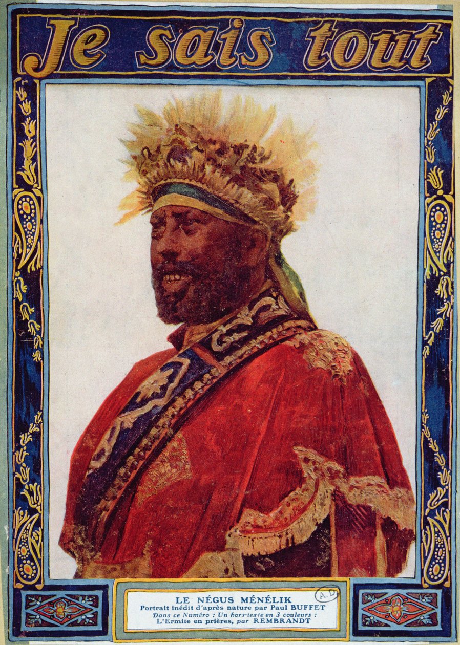Portrait of the Negus of Ethiopia, Menelik II, Illustration from Je Sais Tout Magazine by Paul Buffet