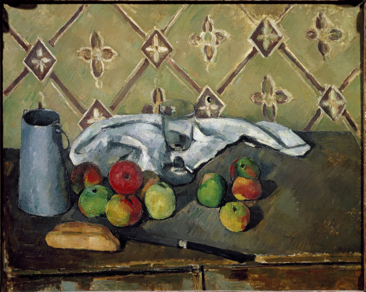 Fruits, napkin and milk box by Paul Cézanne