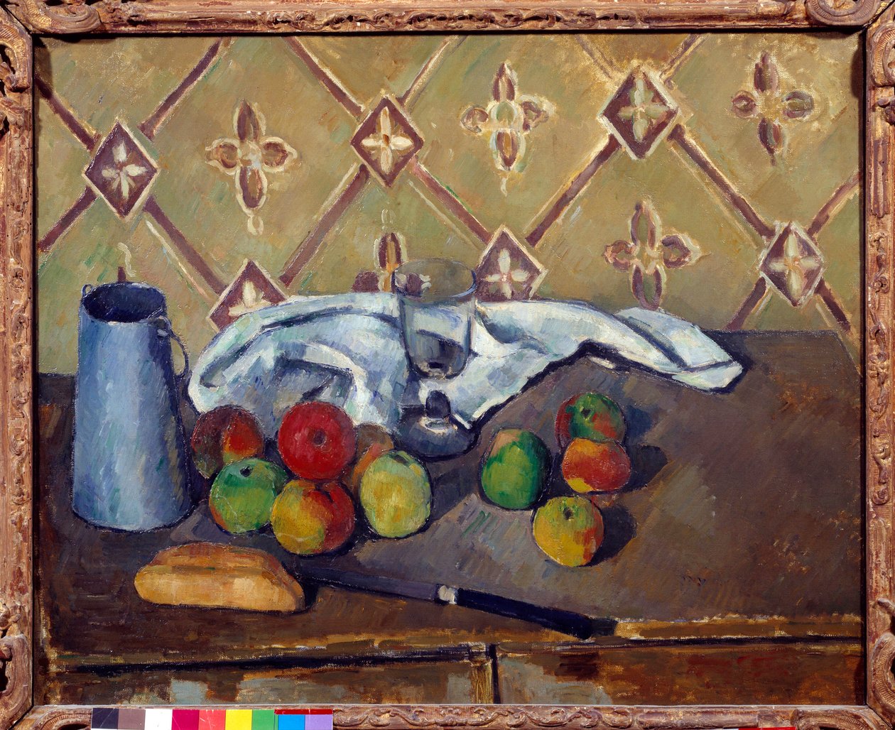 Fruits, towel, bread and milk box by Paul Cézanne