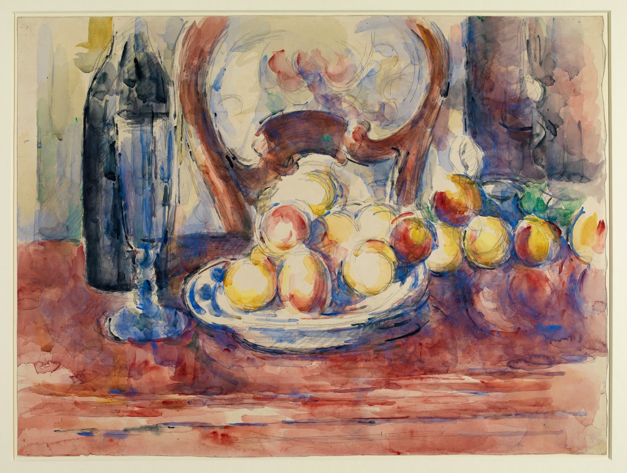 Apples, bottle and chairback by Paul Cézanne