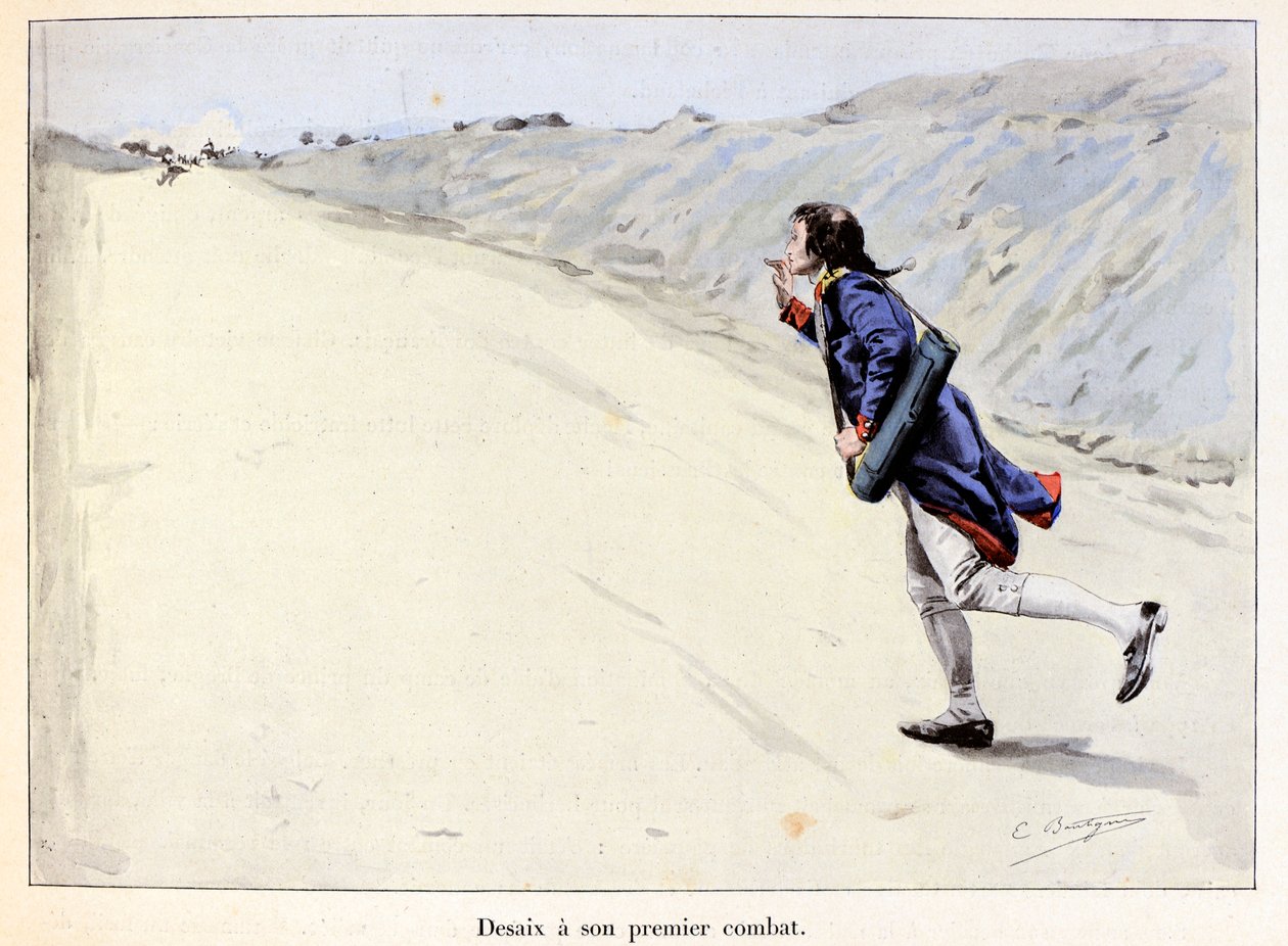Desaix has his first fight: Charles Antoine Desaix de Veygoux captures a prisoner in Landau in der Pfalz (Germany) while the army retreats - illustration by Emile Boutigny in 