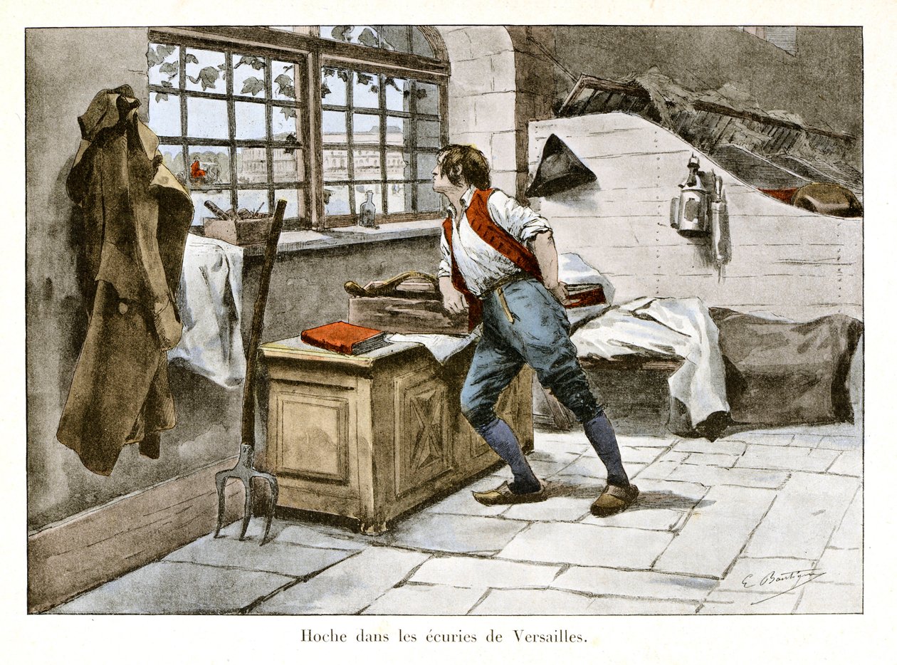 Rattle in the stables of Versailles: Lazare Hoche (1768-1797) entered the royal stables at 14 years old as supernumerary assistant - Illustration by Emile Boutigny (1853-1929) In "Hoche-Marceau-Desaix" by Theodore Cahu (1854-1928) - Private collection by Paul Émile Boutigny