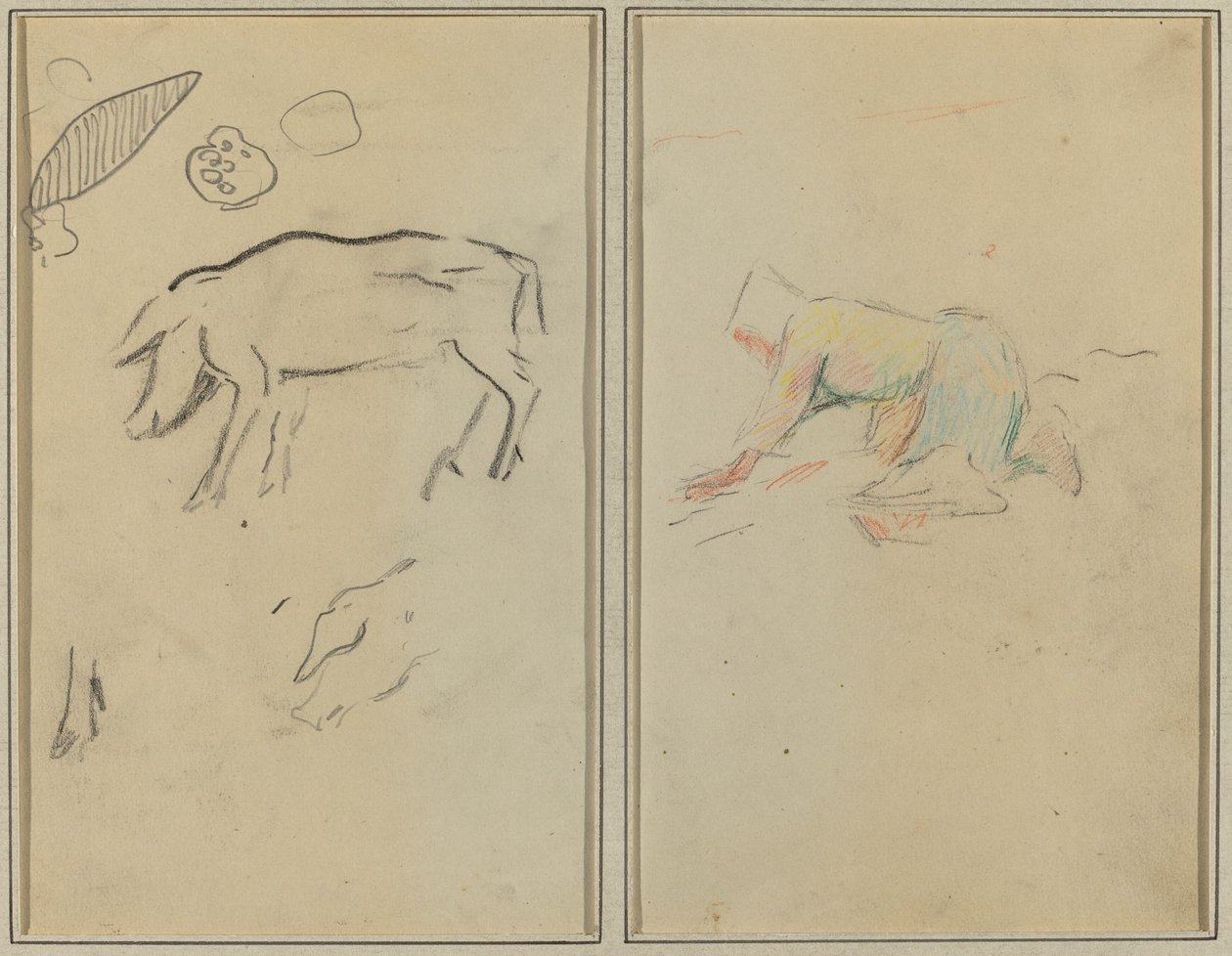 A Pig; Breton Peasant Kneeling by Paul Gauguin