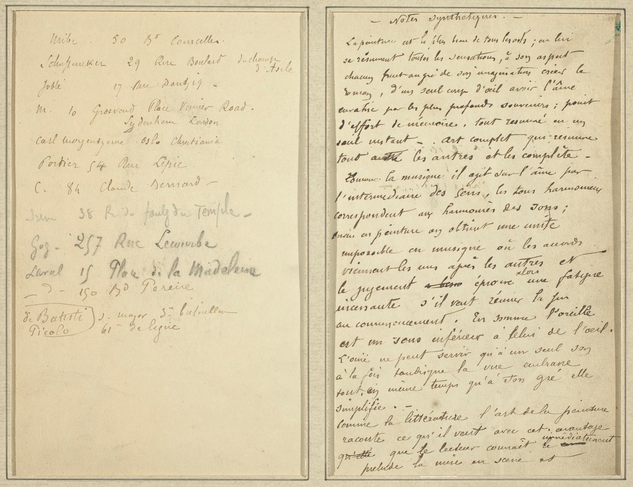Address List; Manuscript Page by Paul Gauguin