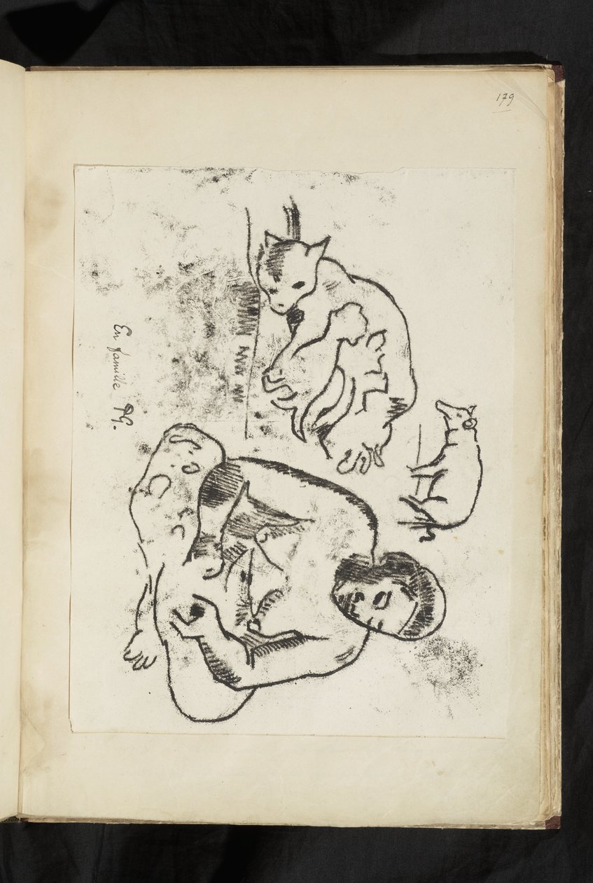 Before and After - Seated woman, cat with kittens and a pig by Paul Gauguin