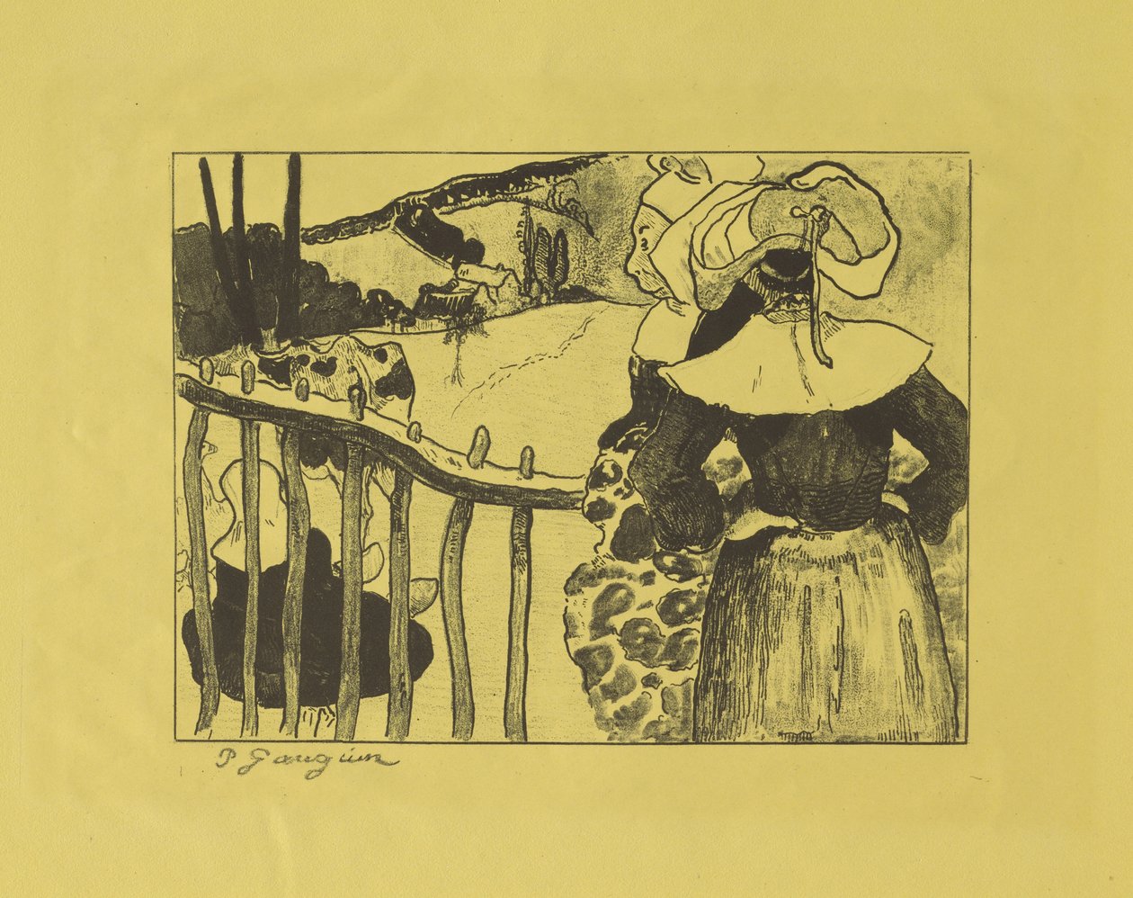 Breton Women Standing by a Fence by Paul Gauguin