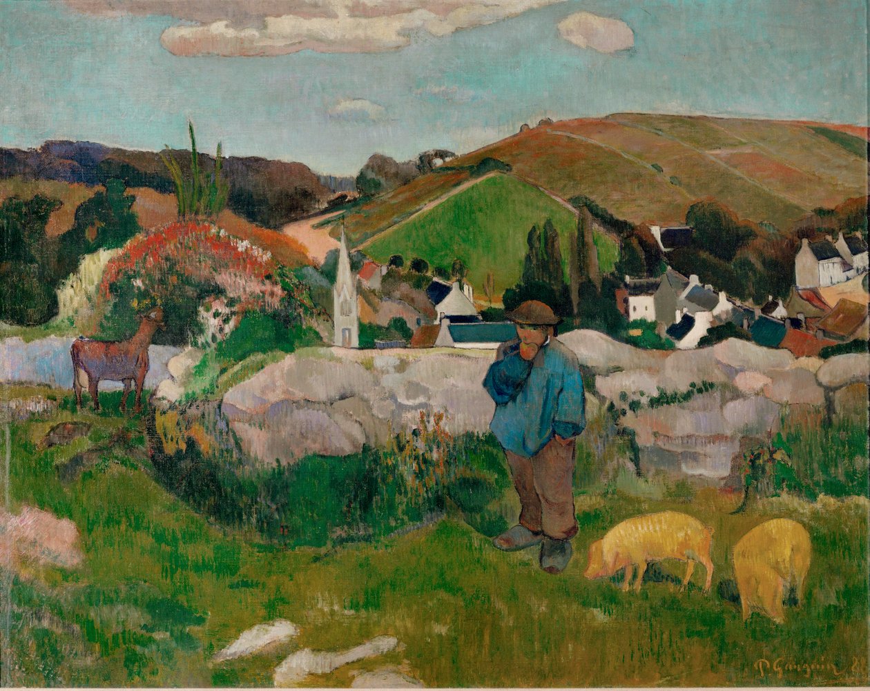 Peasants, Pigs, and a Village Under Clear Sky by Paul Gauguin