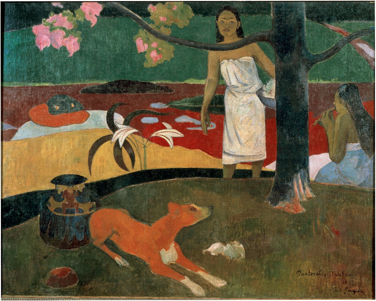 Two Tahitian women and a dog (Tahitian pastoral) by Paul Gauguin