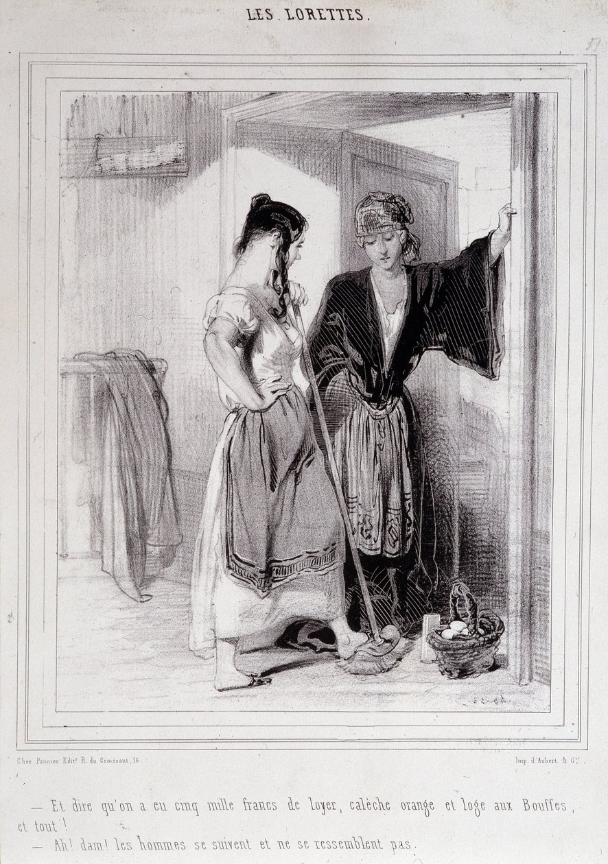 2 poor women in conversation on the stairs about men, “Les Lorettes”, Gavarni, c. 1840 by Paul Gavarni